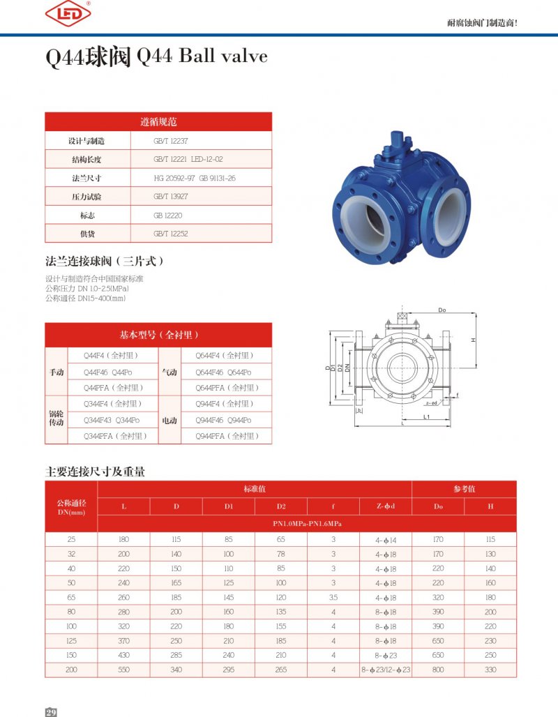 Q44襯氟三通球閥參數(shù)圖