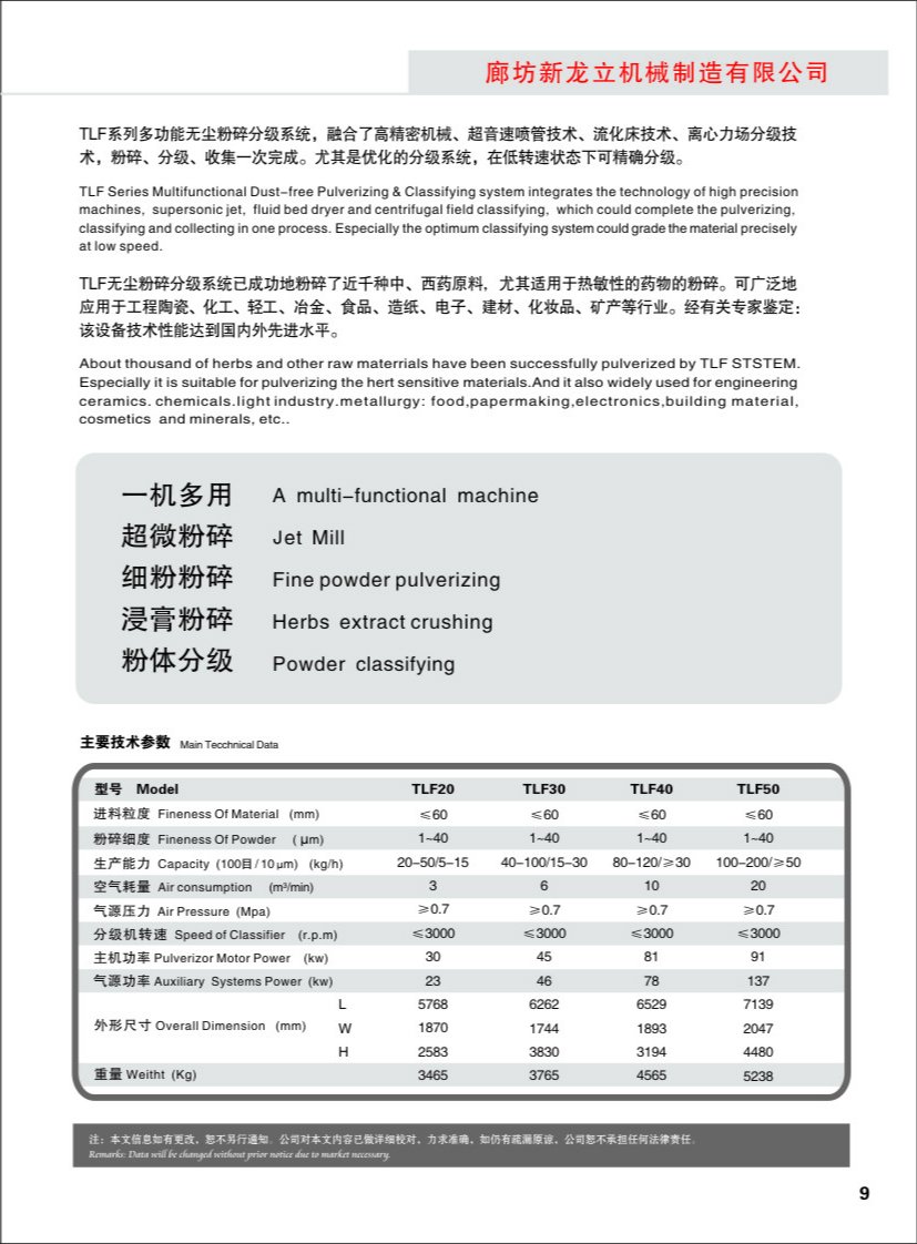 TLF多功能粉碎分級機參數(shù)