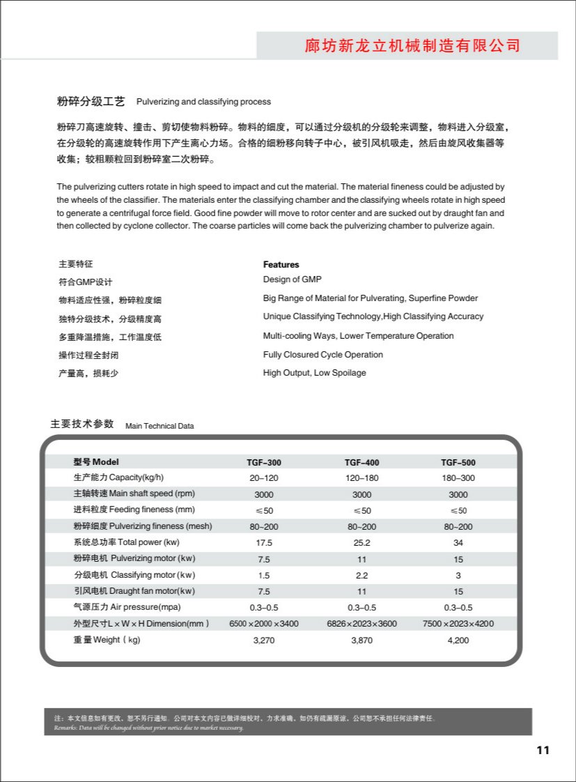 TGF浸膏粉碎分級機(jī)參數(shù)